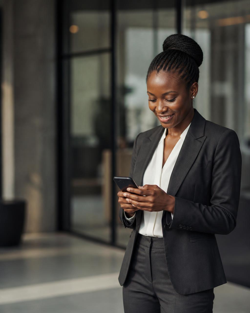 A business owner checking her phone after completing an international payment with GlobalHQ